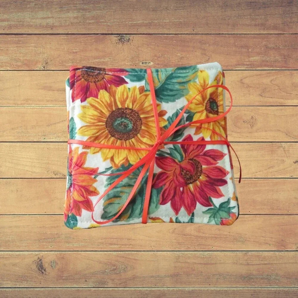Fabric Coasters, Set Of 4, Reversible Sunflowers and Orange Gingham - Picture 1 of 7
